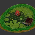 Natural Pond Scene With Green Lily Pads Red Frog And Small Wooden Cabin