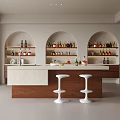 Minimalist Home Bar Design With Arched Built In Wine Shelves And Stylish White Bar Stools