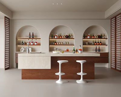 Minimalist Home Bar Design With Arched Built In Wine Shelves And Stylish White Bar Stools 3d model