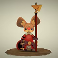 Cartoon Reptile In Red Outfit Holding Spear With Cheese Shaped Top And Shield
