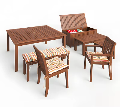 Wooden Dining Set With Rectangular Table Chairs Bench And Storage Chest With Striped Cushions 3d model