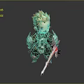 Chibi Warrior Character With Blonde Hair Blue Eyes Red Gold Armor Holding Sword