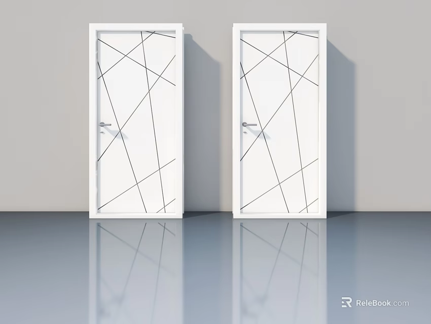 White Swing Doors With Modern Geometric Line Patterns On Gray Wall And Reflective Floor 3d model 