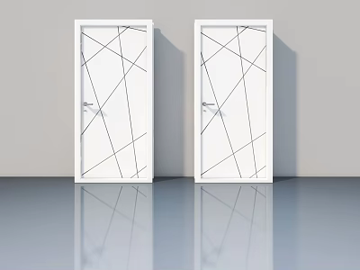 White Swing Doors With Modern Geometric Line Patterns On Gray Wall And Reflective Floor 3d model