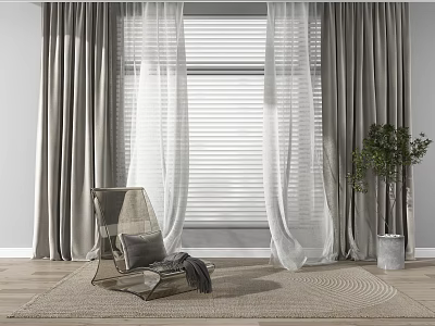 Gray Curtains With White Sheer Panels And Blinds In Cozy Interior Space 3d model