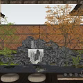 Miniature Garden Landscape with Rock Waterfall Small Pond and Colorful Trees by Wooden Fence