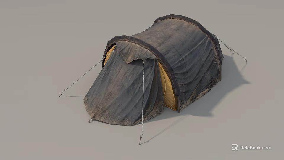 Gray Outdoor Camping Tent With Yellow Interior And Support Ropes 3d model 