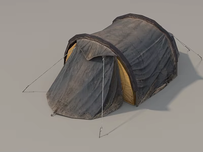 Gray Outdoor Camping Tent With Yellow Interior And Support Ropes 3d model