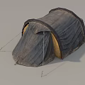 Gray Outdoor Camping Tent With Yellow Interior And Support Ropes
