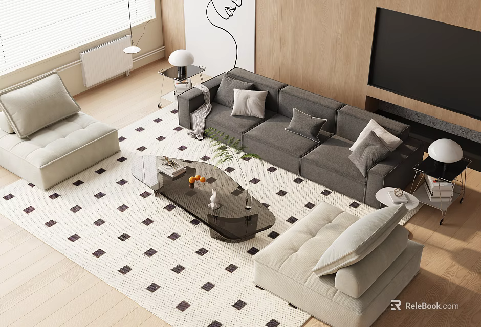 Modern Living Room Sofa And Coffee Table With Checkered Rug Decorative Pillows And Floor Lamp 3d model 