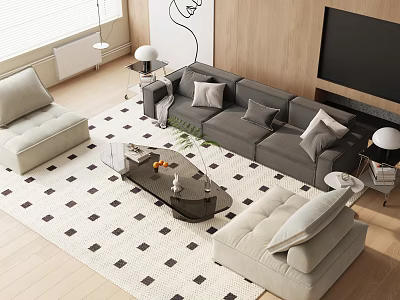 Modern Living Room Sofa And Coffee Table With Checkered Rug Decorative Pillows And Floor Lamp 3d model