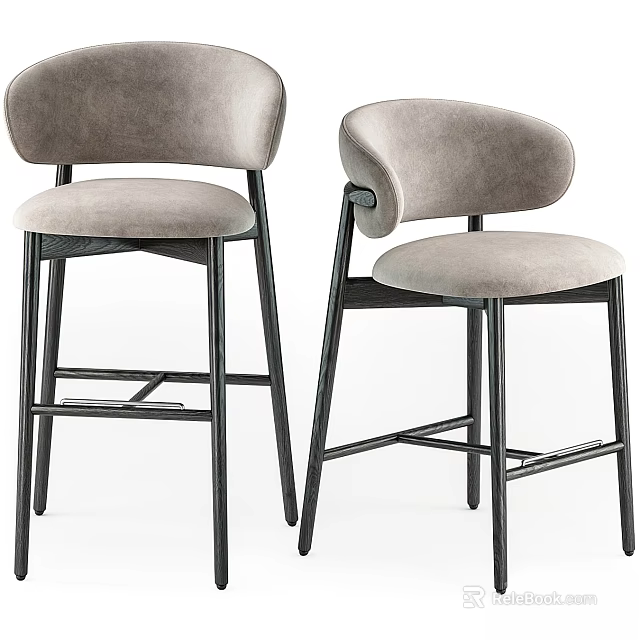 Modern Gray Upholstered Bar Stools with Curved Backrest and Black Metal Frame 3d model 