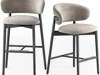 Modern Gray Upholstered Bar Stools with Curved Backrest and Black Metal Frame 3d model