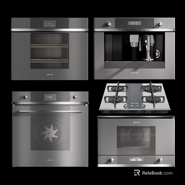 Modern Stainless Steel Kitchen Appliances Including Oven Coffee Machine and Gas Stove 3d model 
