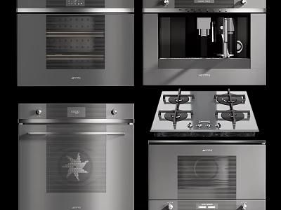 Modern Stainless Steel Kitchen Appliances Including Oven Coffee Machine and Gas Stove 3d model