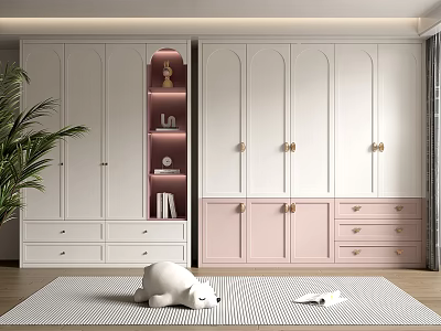 Modern White And Pink Wardrobe Interior Design With Cabinet Doors Drawers And Decorative Shelves 3d model