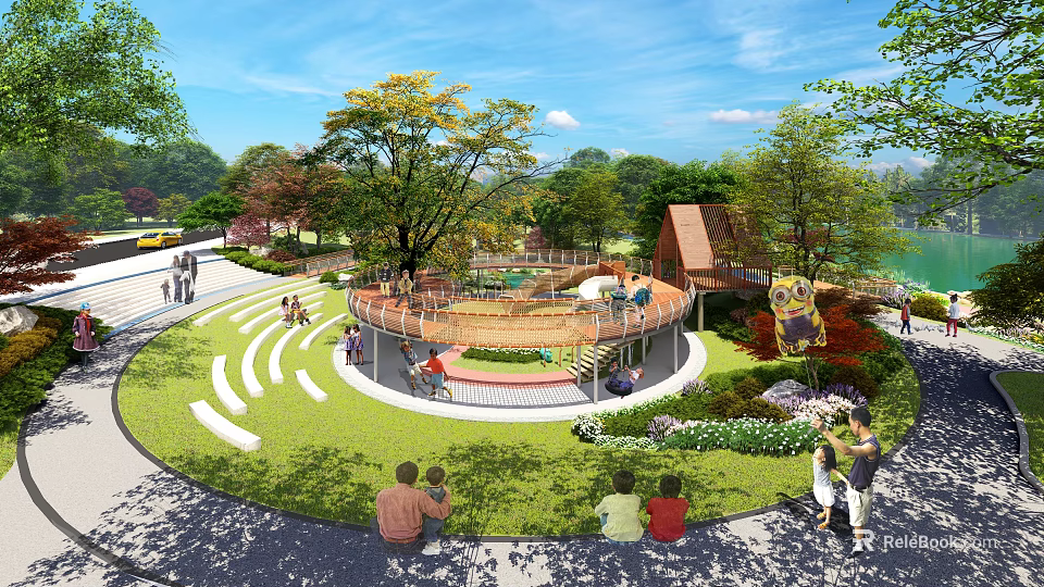 Colorful Children's Play Area With Circular Play Structure Green Lawn Trees And Parents Watching Kids 3d model 