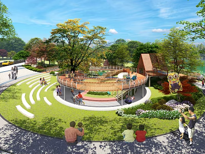 Colorful Children's Play Area With Circular Play Structure Green Lawn Trees And Parents Watching Kids 3d model