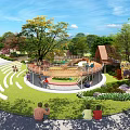 Colorful Children's Play Area With Circular Play Structure Green Lawn Trees And Parents Watching Kids