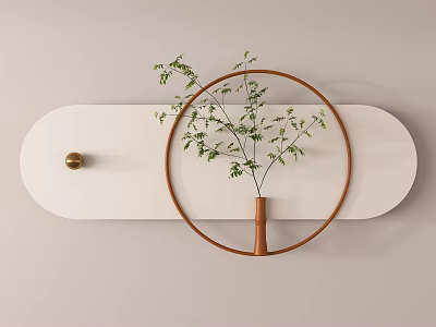 Decorative Wall Hanging With White Oval Panel Golden Hook Wooden Hoop And Green Plant 3d model
