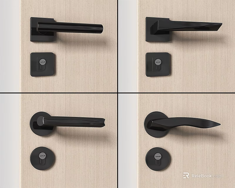 Black Modern Door Handles With Lock Plates On Light Wood Doors 3d model 