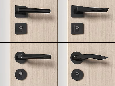 Black Modern Door Handles With Lock Plates On Light Wood Doors 3d model
