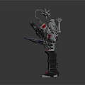 Mechanical Robot Character Holding Spiked Mace With Metallic Armor And Red Feet