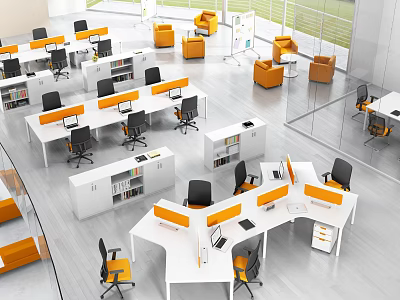 Modern Public Office Space With Open Layout White Desks Orange Chairs And Bookshelves 3d model