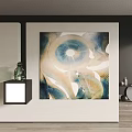Abstract Painting With Blue Beige White Tones Circular Fan Shaped Patterns Flowing Layers And Texture