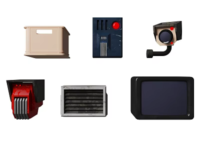 Various Industrial Equipment Components Including Control Panels Cameras Radiators And Screens 3d model