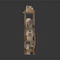 Wooden Shelves Display Various Antique Items Including Clay Pots Small Statues Books And Boxes