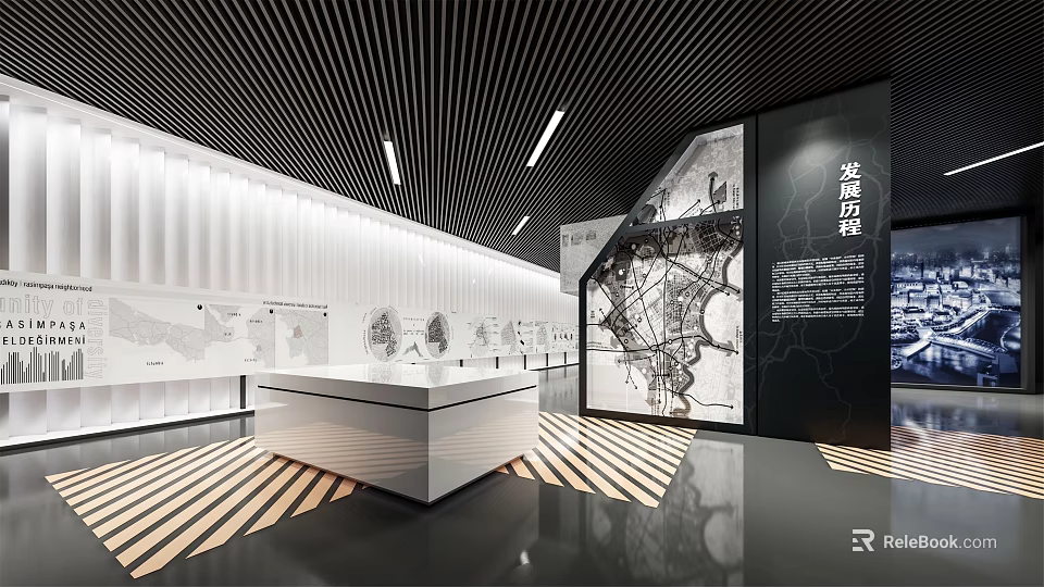 Modern Exhibition Hall With Display Counter Historical Wall Displays And Striped Flooring 3d model 