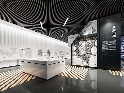 Modern Exhibition Hall With Display Counter Historical Wall Displays And Striped Flooring 3d model