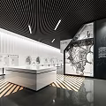Modern Exhibition Hall With Display Counter Historical Wall Displays And Striped Flooring