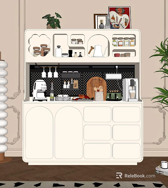 Modern Sideboard with Open Shelves and Drawers Coffee Machine Cutting Board Jars and Green Plant 3d model 