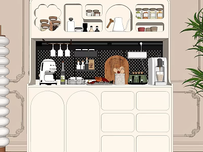 Modern Sideboard with Open Shelves and Drawers Coffee Machine Cutting Board Jars and Green Plant 3d model