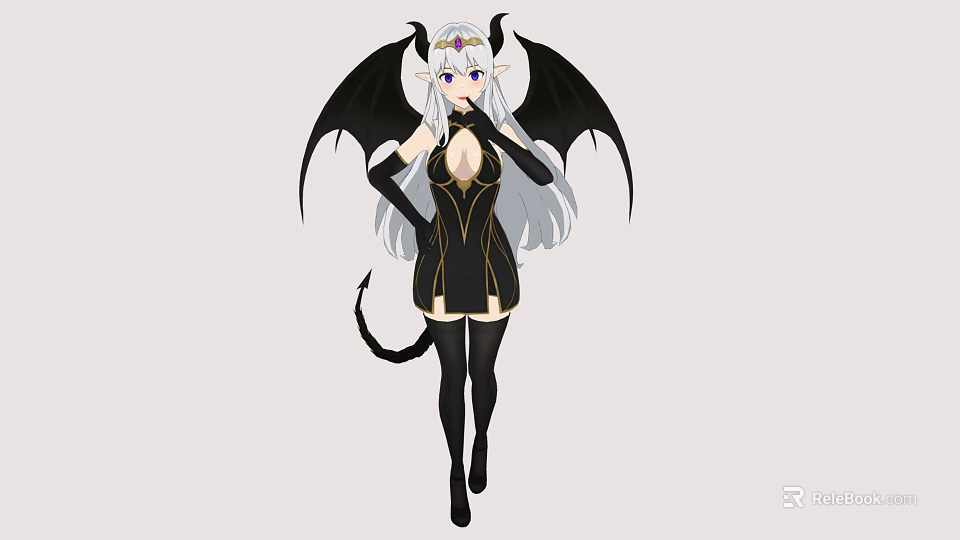 Anime Woman With Black Wings Silver Long Hair Crown Black Dress Stockings And Tail 3d model 
