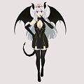 Anime Woman With Black Wings Silver Long Hair Crown Black Dress Stockings And Tail