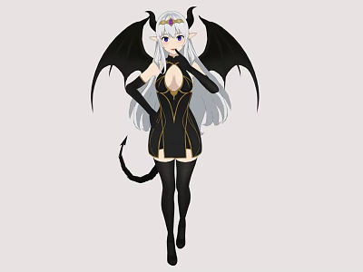Anime Woman With Black Wings Silver Long Hair Crown Black Dress Stockings And Tail 3d model