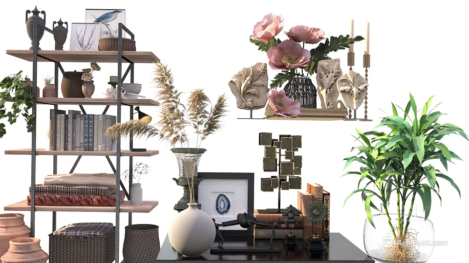 Stylish Decorative Ornament Set With Shelves Vases Plants Frames And Books 3d model 