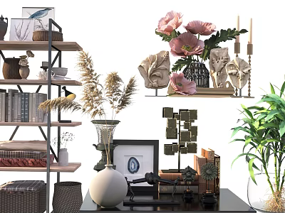 Stylish Decorative Ornament Set With Shelves Vases Plants Frames And Books 3d model