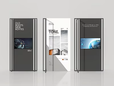 Modern Display Stands With Various Poster Designs And Text 3d model