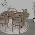 Modern Oval Wooden Dining Table Set With Rattan Chairs Round Rug And Green Plants