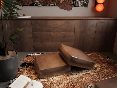 Cozy Living Space With Brown Cushions Fluffy Rug And Wooden Cabinet 3d model