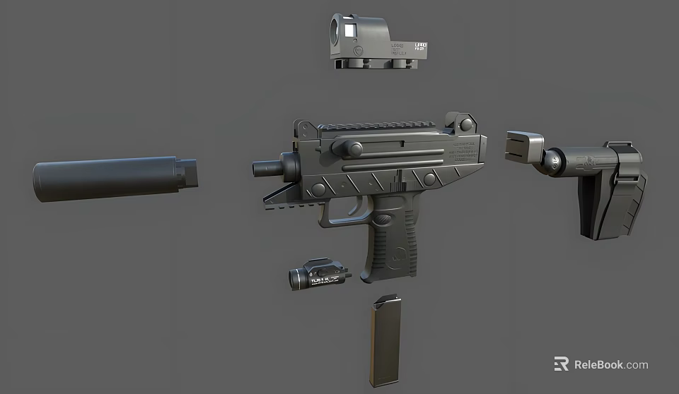 Modern Black Tactical Pistol With Scope Detachable Magazine And Suppressor Parts 3d model 