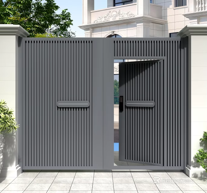 Modern Sleek Gate With Vertical Slats Aluminum Frame And Side Greenery 3d model 