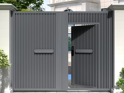 Modern Sleek Gate With Vertical Slats Aluminum Frame And Side Greenery 3d model