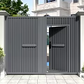 Modern Sleek Gate With Vertical Slats Aluminum Frame And Side Greenery