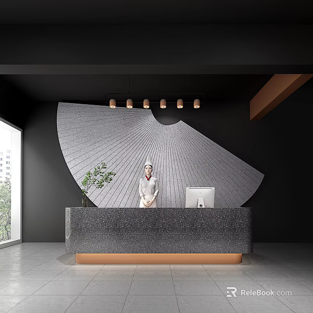 Modern Reception Desk with Fan Shaped Gray Decoration Five Pendant Lights Green Plant and Computer 3d model 