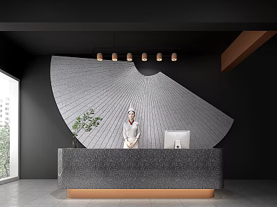 Modern Reception Desk with Fan Shaped Gray Decoration Five Pendant Lights Green Plant and Computer 3d model